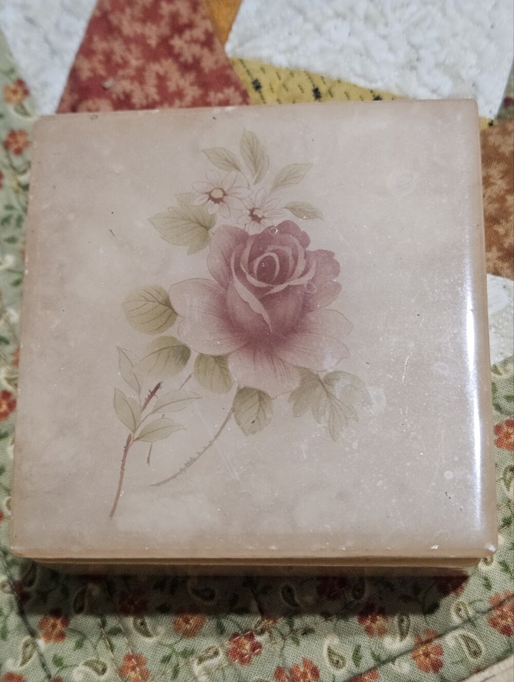 Vintage, Hand-carved Italian Alabaster Trinket Box featuring a Painted Pink Rose